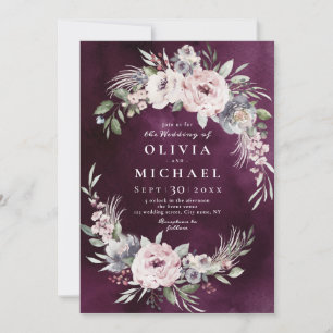 Invitation Aquarelle de prune et mariage boho rose pâle