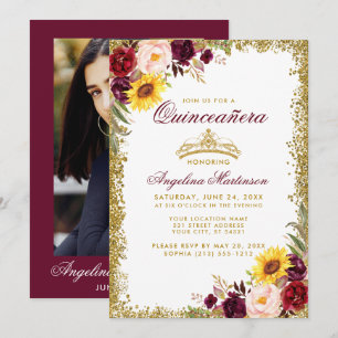 Invitation Aquarelle de Quinceanera Floral Gold Crown Photo