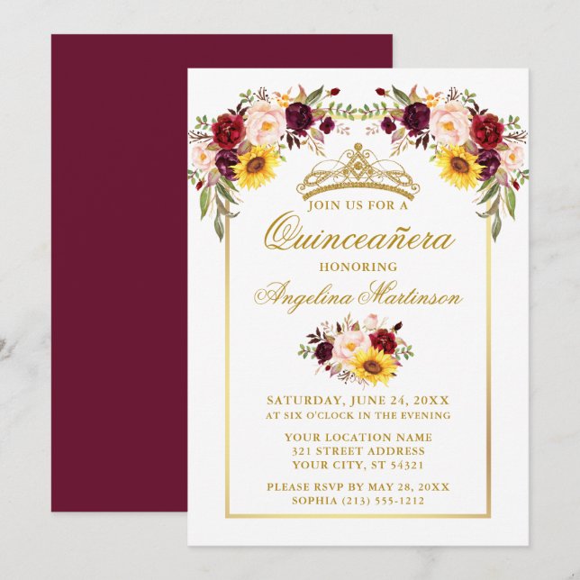 Invitation Aquarelle de Quinceanera Mixte Or Floral (Devant / Derrière)