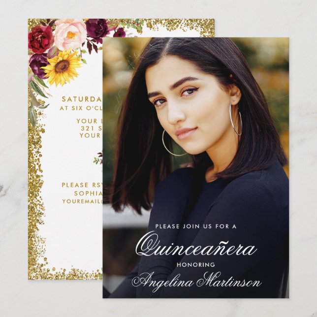 Invitation Aquarelle de Quinceanera Parties scintillant d'or  (Devant / Derrière)