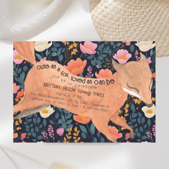 Invitation Aquarelle de renard boisé mignonne Floral 3e anniv (Créateur téléchargé)