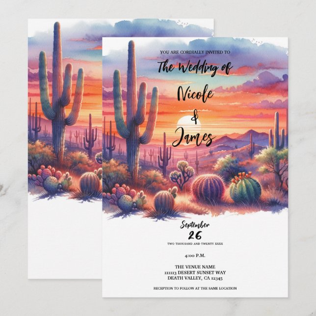 Invitation Aquarelle de soleil couchant du désert Mariage du  (Devant / Derrière)