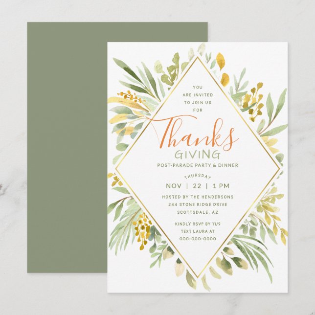 Invitation Aquarelle de Thanksgiving Élégante verdure (Devant / Derrière)