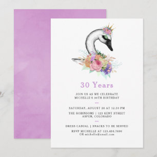 Invitation Aquarelle de tout âge Swan Floral fête d'anniversa