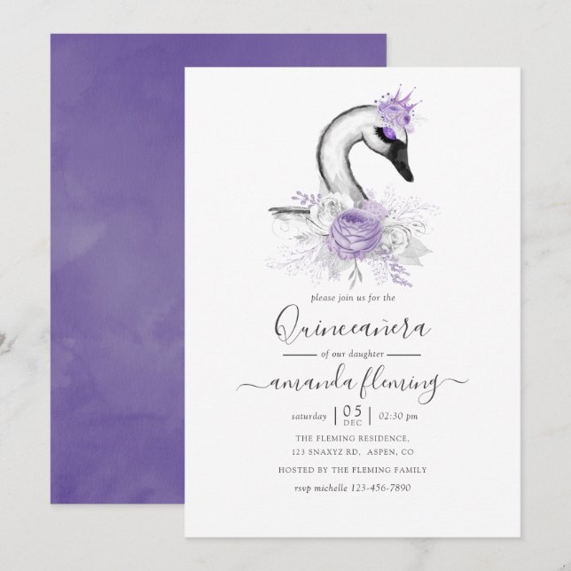 Invitation Aquarelle de tout âge Swan Floral fête d'anniversa (Devant / Derrière)