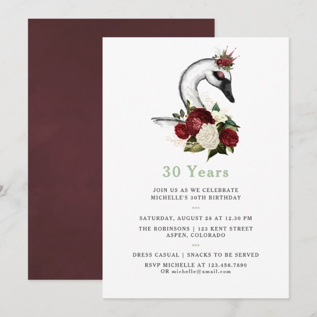Invitation Aquarelle de tout âge Swan Floral fête d'anniversa (Devant / Derrière)
