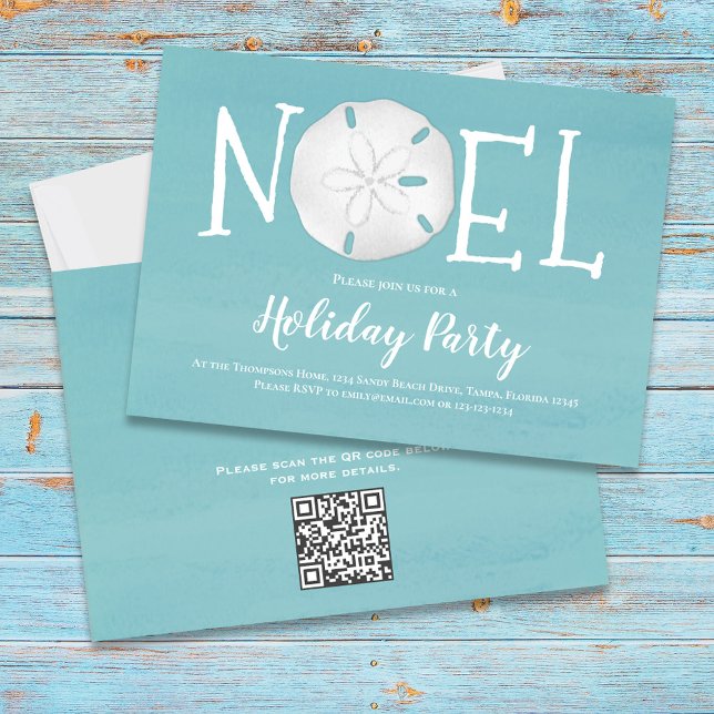 Invitation Aquarelle de vacances Sable Turquoise Dollar QR Co (Holiday Noel beach sand dollar theme party invitation with turquoise blue water.)