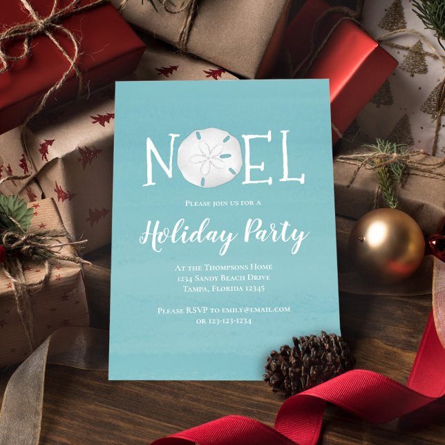 Invitation Aquarelle de vacances Turquoise Beach Sand Dollar (Holiday party invitation with a beach turquoise blue Noel design.)