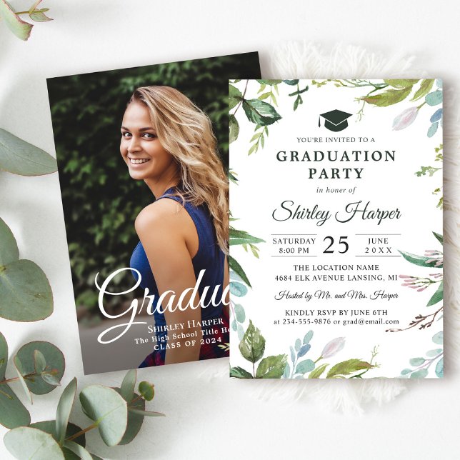 Invitation Aquarelle de verdure Floral Photo Graduation Party (Créateur téléchargé)