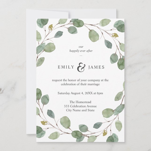 Invitation Aquarelle de verdure naturelle Eucalyptus Mariage (Devant)