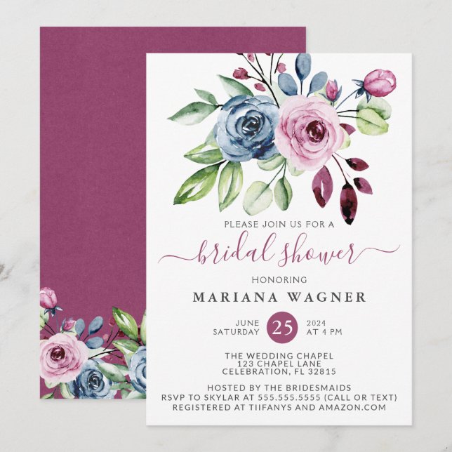Invitation Aquarelle de vin bleu marine Floral Fête des marié (Devant / Derrière)