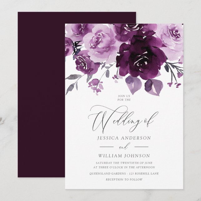 Invitation Aquarelle de vin de Bourgogne Mariage floral (Devant / Derrière)