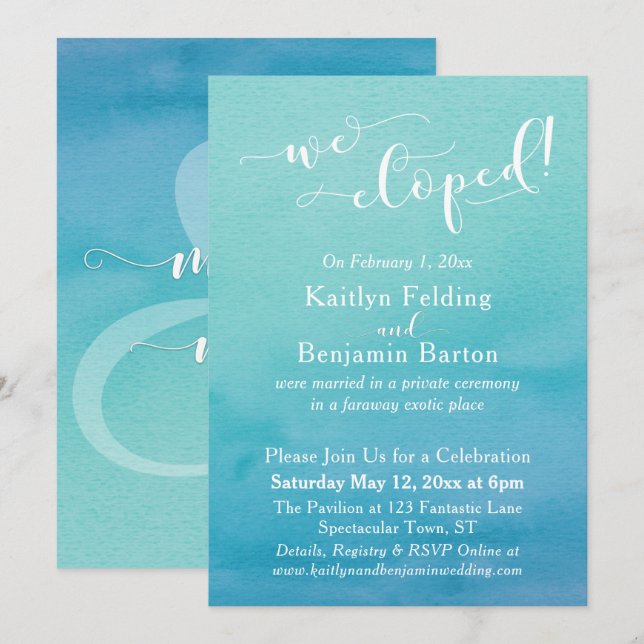 Invitation Aquarelle dégradée bleu sarcelle pour notre mariag (Devant / Derrière)