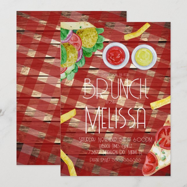 Invitation Aquarelle Déjeuner Brunch Restauration Fête (Devant / Derrière)