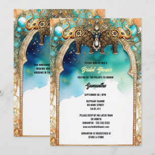 Invitation Aquarelle d'éléphants indiens bleu pierres traditi