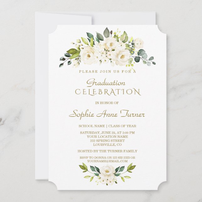 Invitation Aquarelle Delicate Blanc Floral Graduation Party (Devant)