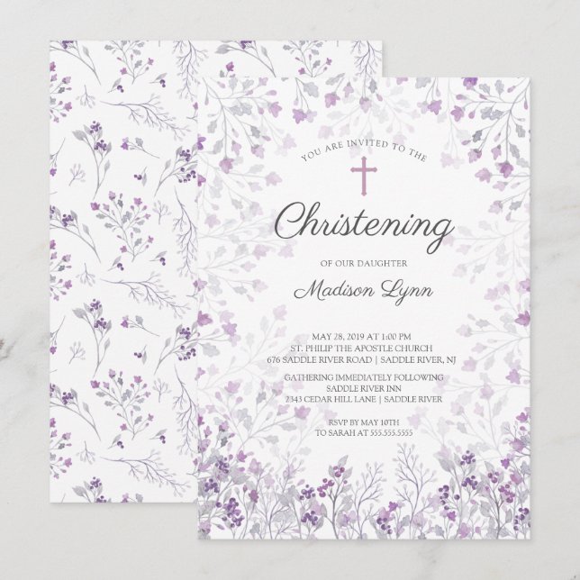 Invitation Aquarelle Délicate De Fleurs Violettes Brisant (Devant / Derrière)