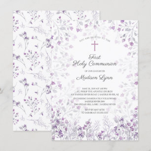 Invitation Aquarelle Délicate Fleurs violettes Première commu