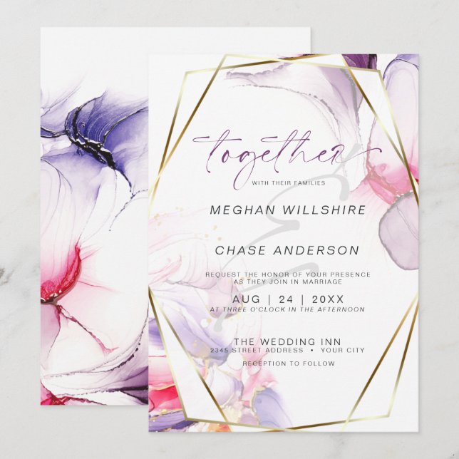 Invitation Aquarelle d'encre d'alcool rose Crimson Lilac (Devant / Derrière)