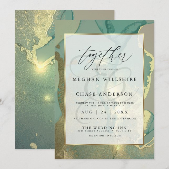 Invitation Aquarelle d'encre d'alcool verte Gold et Smokey (Devant / Derrière)