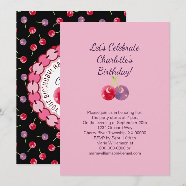 Invitation Aquarelle des cerises éparpillées Anniversaire (Devant / Derrière)