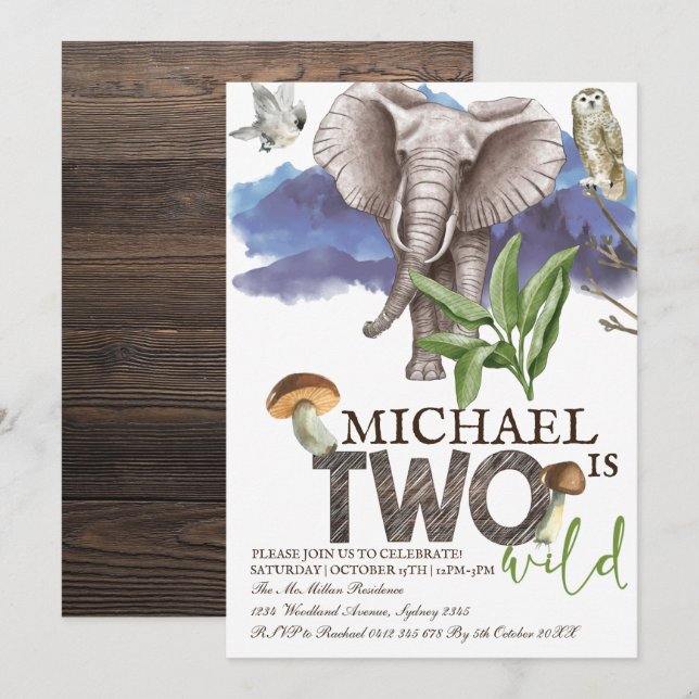 Invitation Aquarelle des éléphants de bois Deuxième anniversa (Devant / Derrière)