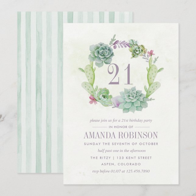 Invitation Aquarelle Désert Cactus Succulents 21e anniversair (Devant / Derrière)