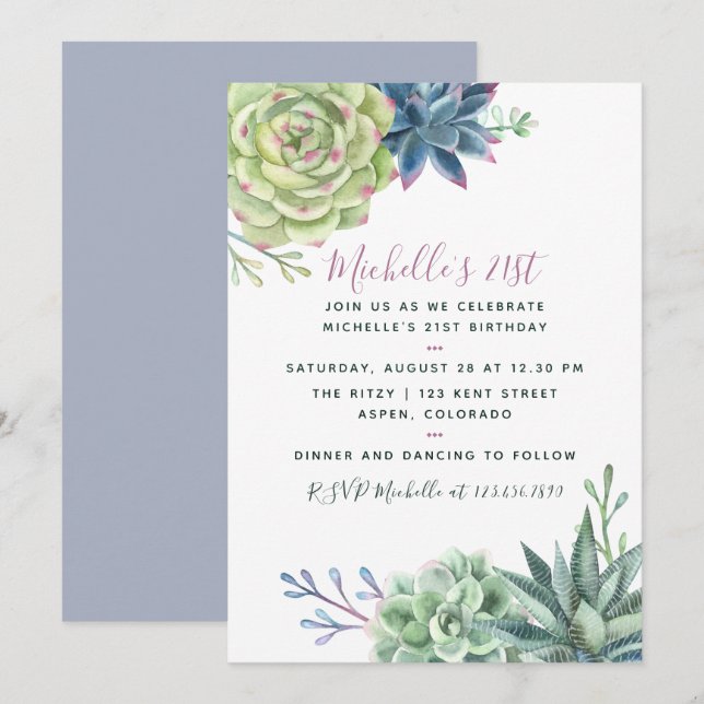 Invitation Aquarelle Désert Cactus Succulents 21e anniversair (Devant / Derrière)