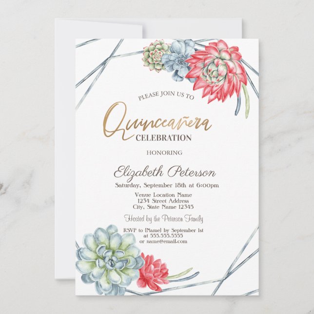Invitation Aquarelle Desert Rouge Succulents Quinceañera (Devant)