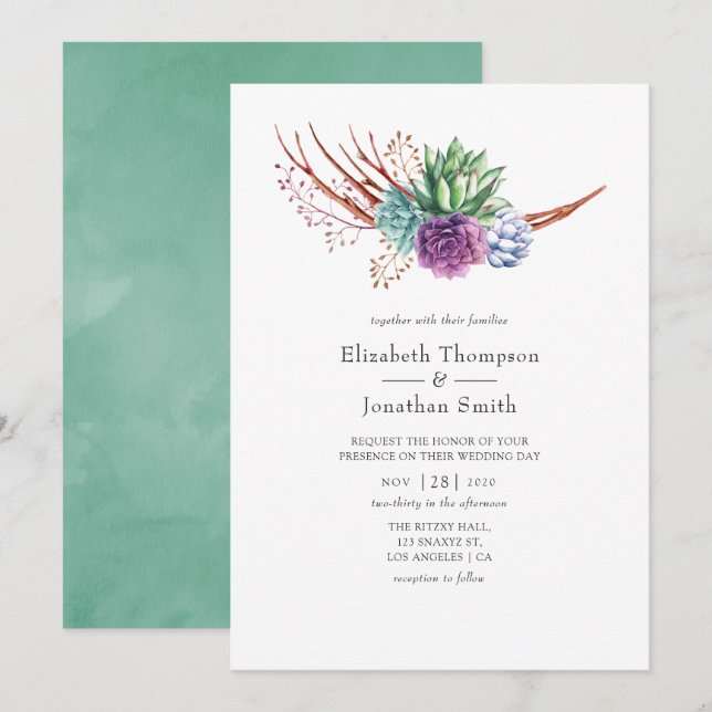 Invitation Aquarelle Desert Succulents Mariage (Devant / Derrière)
