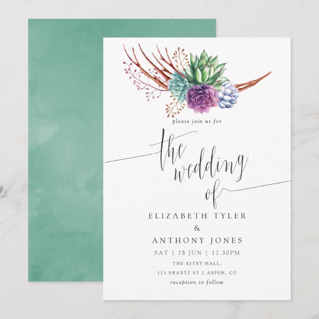 Invitation Aquarelle Desert Succulents Mariage (Devant / Derrière)