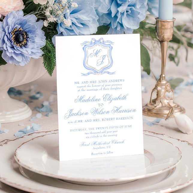 Invitation Aquarelle Designer Blue Monogram Crest Mariage (Créateur téléchargé)