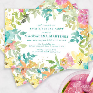 Invitation Aquarelle d'été Floral 19e fête d'anniversaire