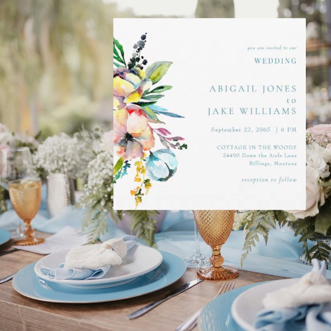 Invitation Aquarelle d'été Floral Turquoise Carré Mariage (Créateur téléchargé)