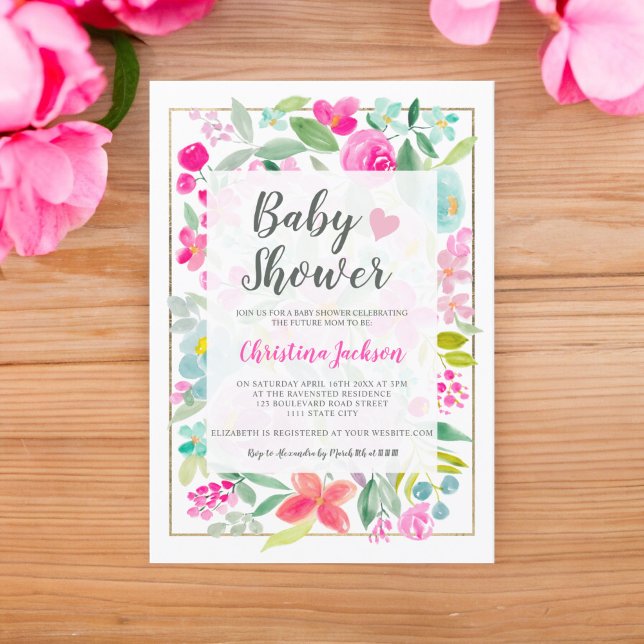 Invitation Aquarelle d'été rose floral or baby shower (Summer pink floral watercolor gold baby shower invitation)