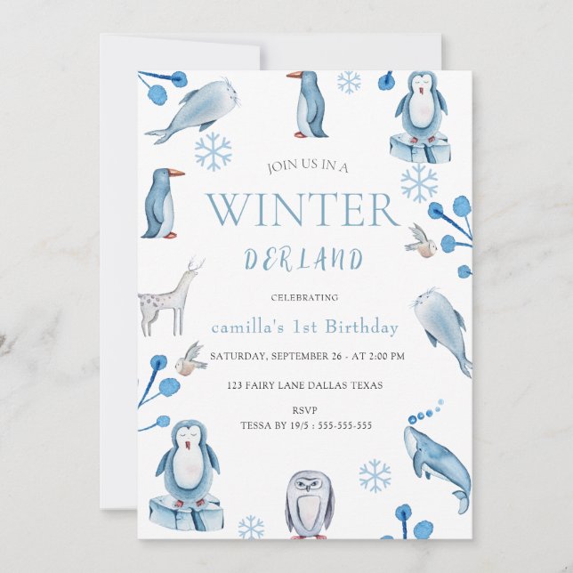 Invitation Aquarelle d'hiver Animaux arctiques 1er anniversai (Devant)
