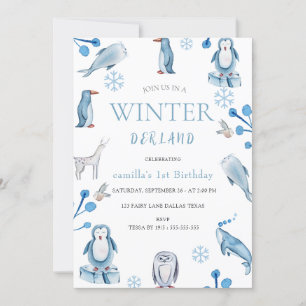 Invitation Aquarelle d'hiver Animaux arctiques 1er anniversai