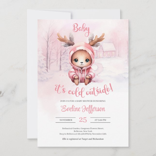 Invitation Aquarelle d'hiver fille cerf rose (Devant)