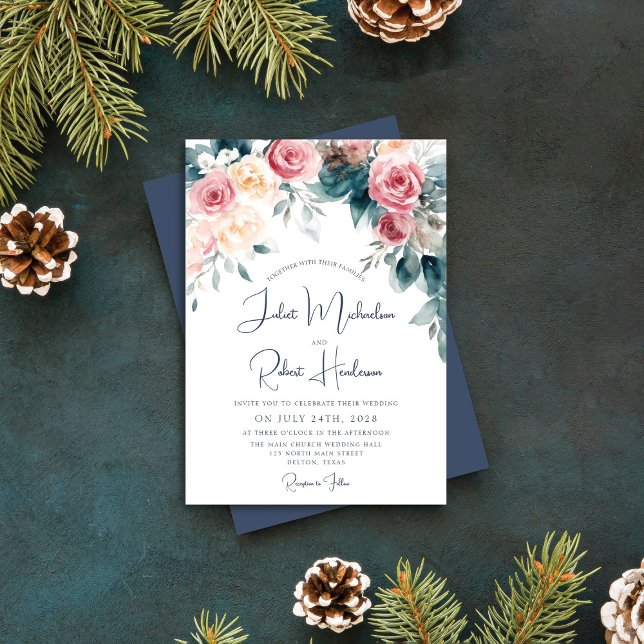 Invitation Aquarelle d'hiver rose bleu jaune Mariage Floral (Créateur téléchargé)