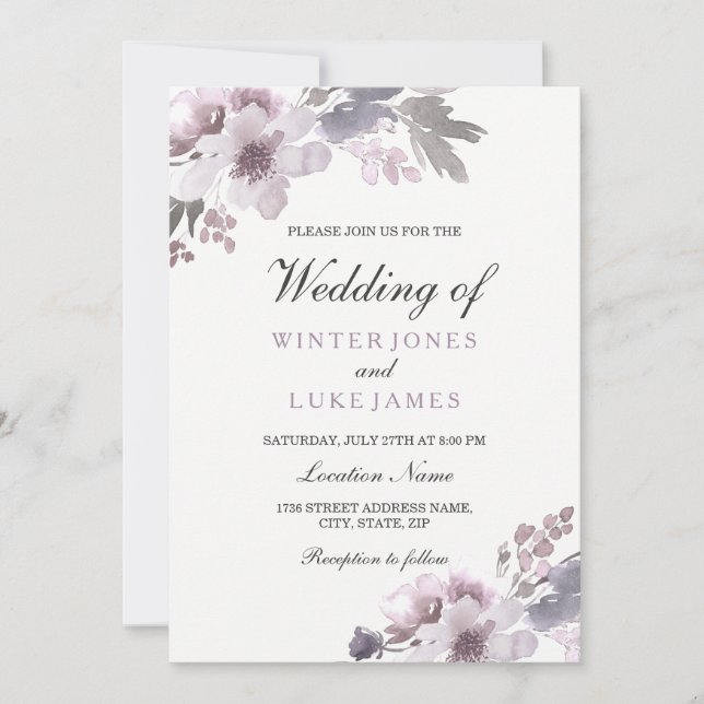 Invitation Aquarelle d'hiver violet Mariage floral (Devant)