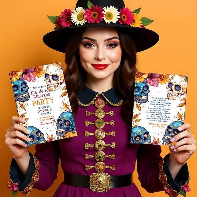 Invitation 💀 Aquarelle Día de Muertos (💀 Watercolor Día de Muertos Party Invitation)