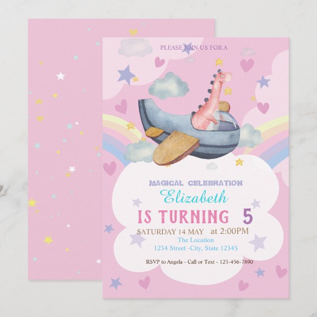 Invitation Aquarelle Dino Avion Arc-en-ciel Anniversaire (Devant / Derrière)