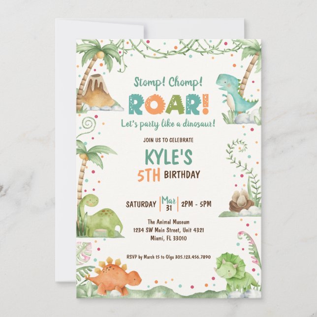 Invitation Aquarelle Dinosaur Anniversaire (Devant)