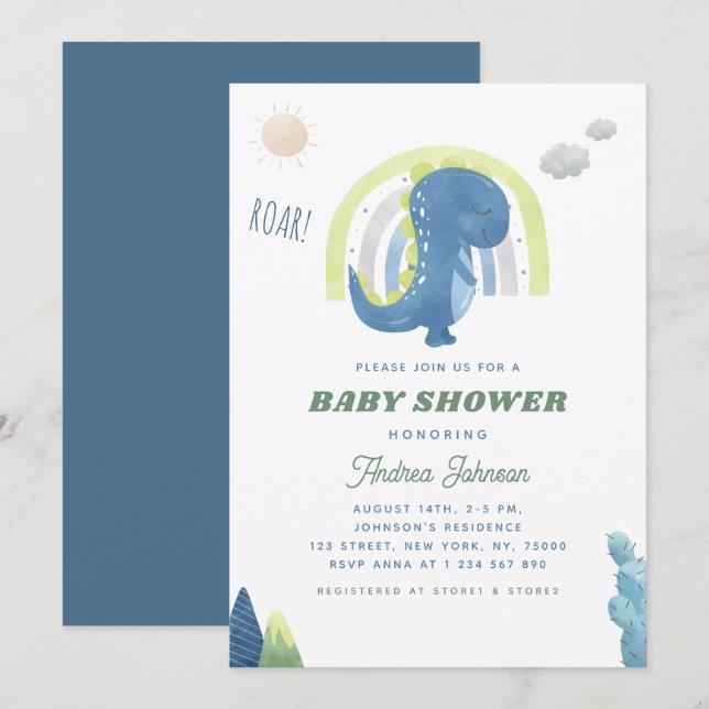 Invitation Aquarelle Dinosaur & Baby shower bleu arc-en-ciel (Devant / Derrière)