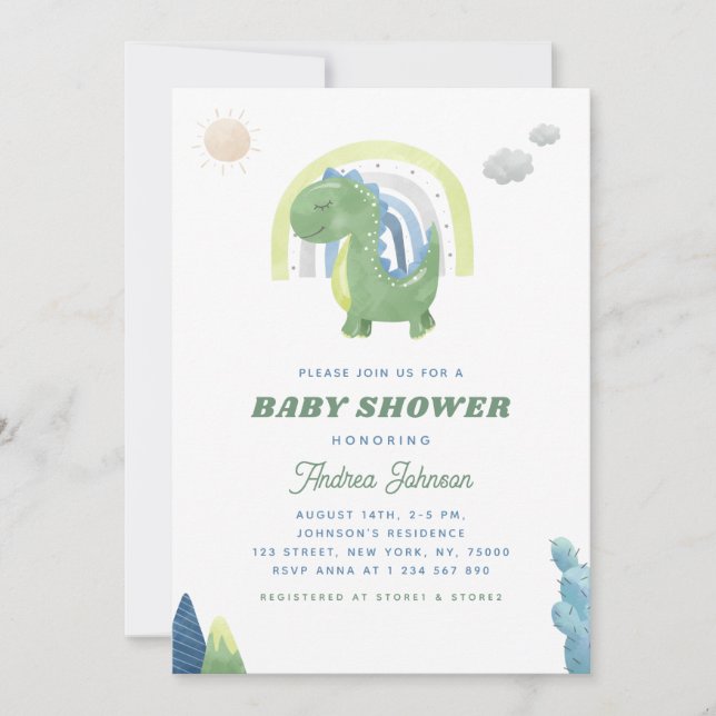 Invitation Aquarelle Dinosaur & Baby shower vert arc-en-ciel (Devant)