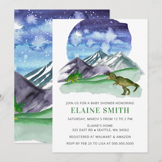 Invitation Aquarelle Dinosaure Sexe Baby shower neutre (Devant / Derrière)