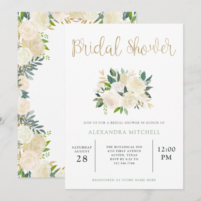 Invitation Aquarelle d'ivoire florale avec or | Fête des mari (Devant / Derrière)
