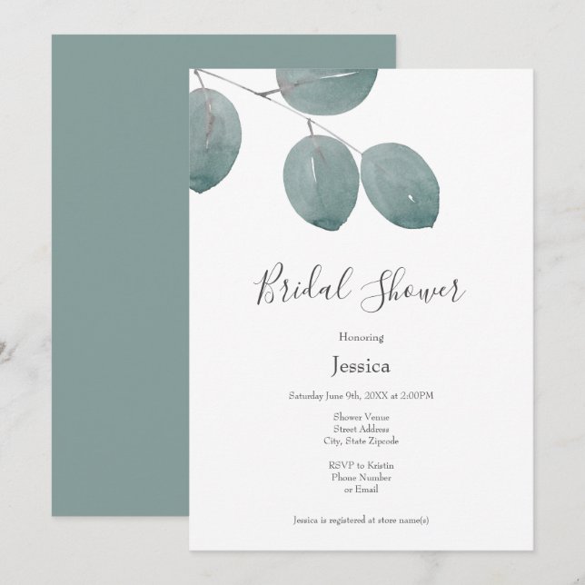 Invitation Aquarelle Dollar d'argent Feuilles Eucalyptus (Devant / Derrière)