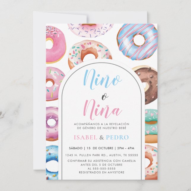 Invitation Aquarelle Donut Nino o Nina Spanish Gender Revela (Devant)