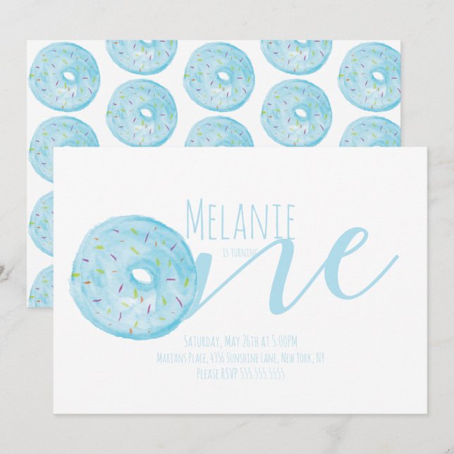Invitation Aquarelle Donut premier anniversaire Sweet Party B (Devant / Derrière)
